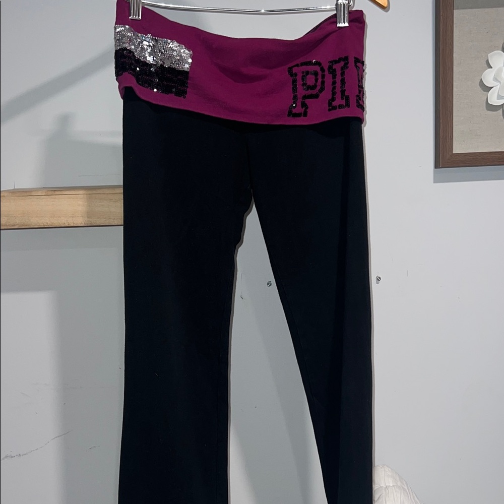 PINK Fold-Over Waistband black and burgundy flare yoga pants